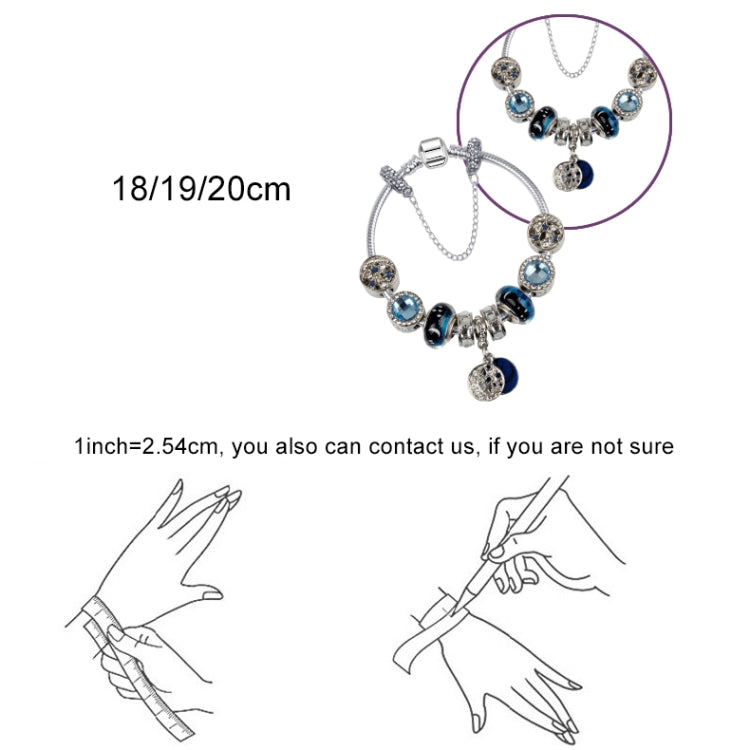 Silver-tone charm bracelet with blue beads and star moon dangles, shown with 18/19/20cm sizing