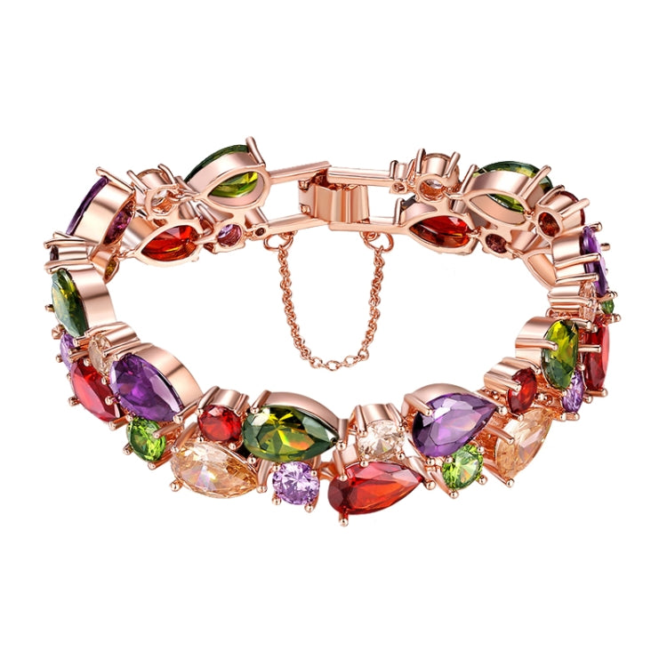 Rose gold tone multicolor zircon bead bracelet with hinged clasp and dangling extender