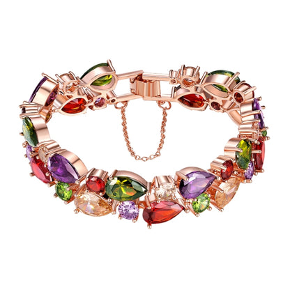 Rose gold tone multicolor zircon bead bracelet with hinged clasp and dangling extender