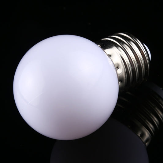 Frosted LED globe bulb with silver E27 base, angled view