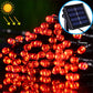 Solar LED string lights with red round bulbs and black solar panel for outdoor use