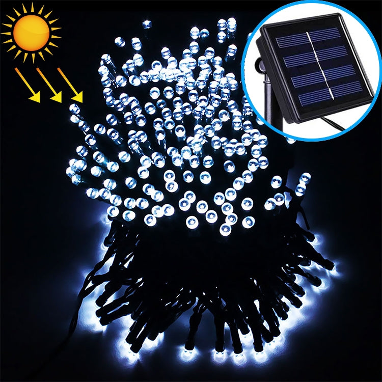 Solar LED string lights with cool white round bulbs and black solar panel for outdoor use