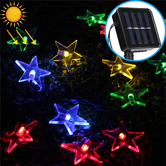 Solar-powered star LED string lights with multicolor glowing star bulbs and solar panel