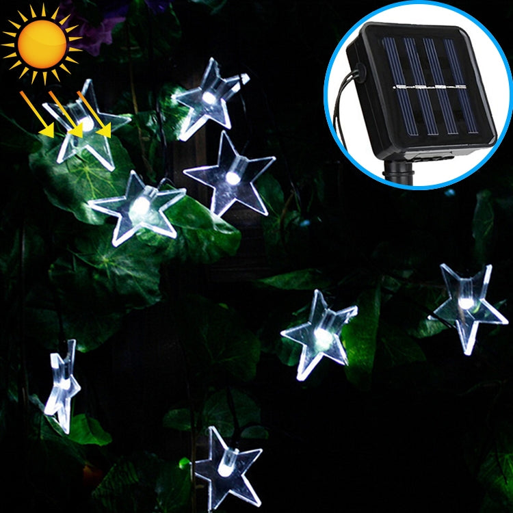 Solar-powered star LED string lights with cool white stars and solar panel