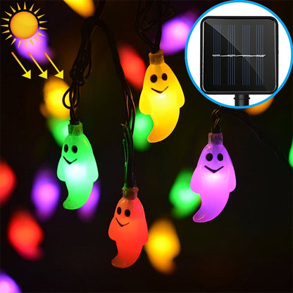 Ghost-shaped LED string lights with multicolor glowing bulbs on a cord
