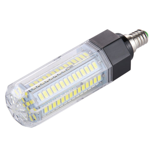 E14 LED corn bulb with clear housing and black base, 126 LED chips, white light.