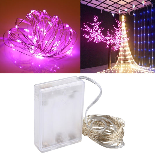 Purple LED fairy light string with clear battery box and silver wire bundle