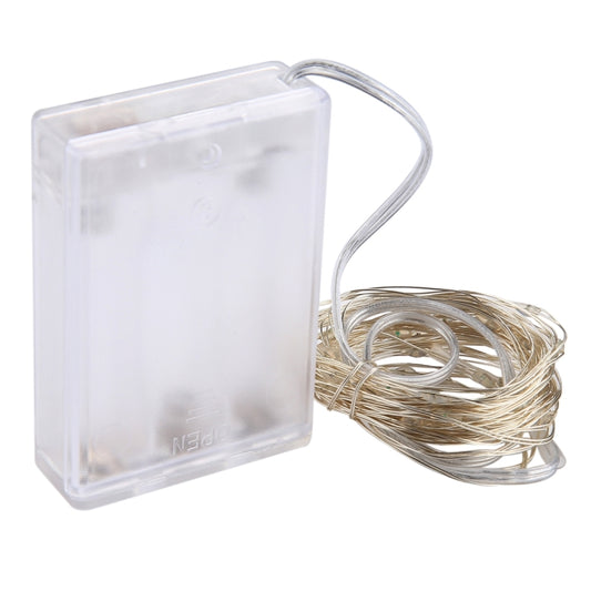 Clear battery box with attached silver LED fairy light wire, unlit