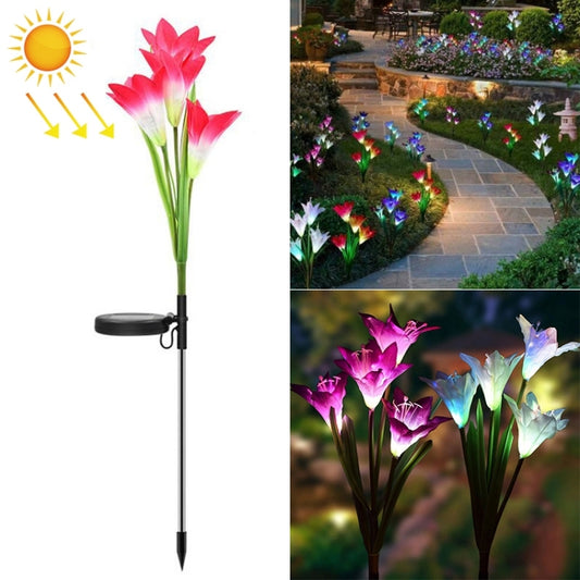 Solar lily LED lawn lamp with red simulated lily petals, green stems, black stake base