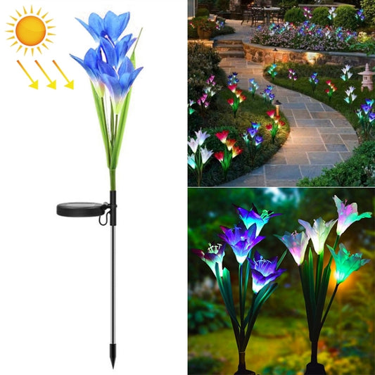 Solar lily flower LED lawn stake light with blue blooms and green stems
