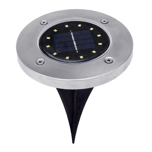Solar ground LED light, 12 LEDs, round metal top with spike base, front view