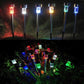 Solar LED garden stake lights glowing in mixed colors, outdoor yard