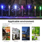 Solar LED garden stake lights glowing blue, pink, and green along walkway