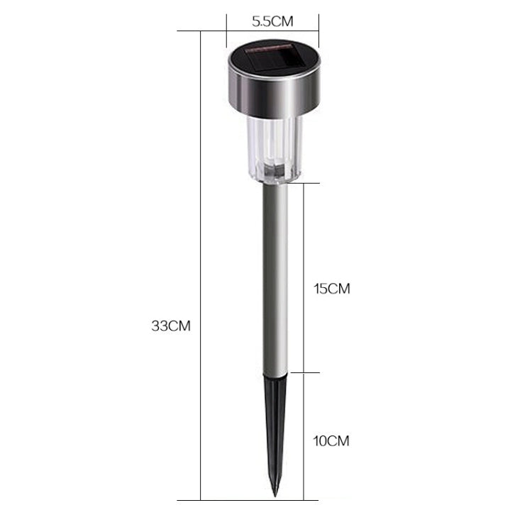 Solar garden stake light with stainless steel body and clear LED lamp, with size diagram