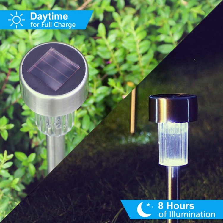 Solar garden stake lights with round stainless steel solar caps and clear LED cells