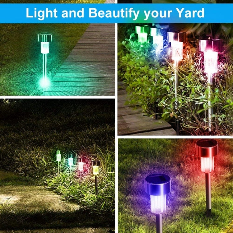 Solar garden stake lights glowing in multiple colors with stainless steel housings