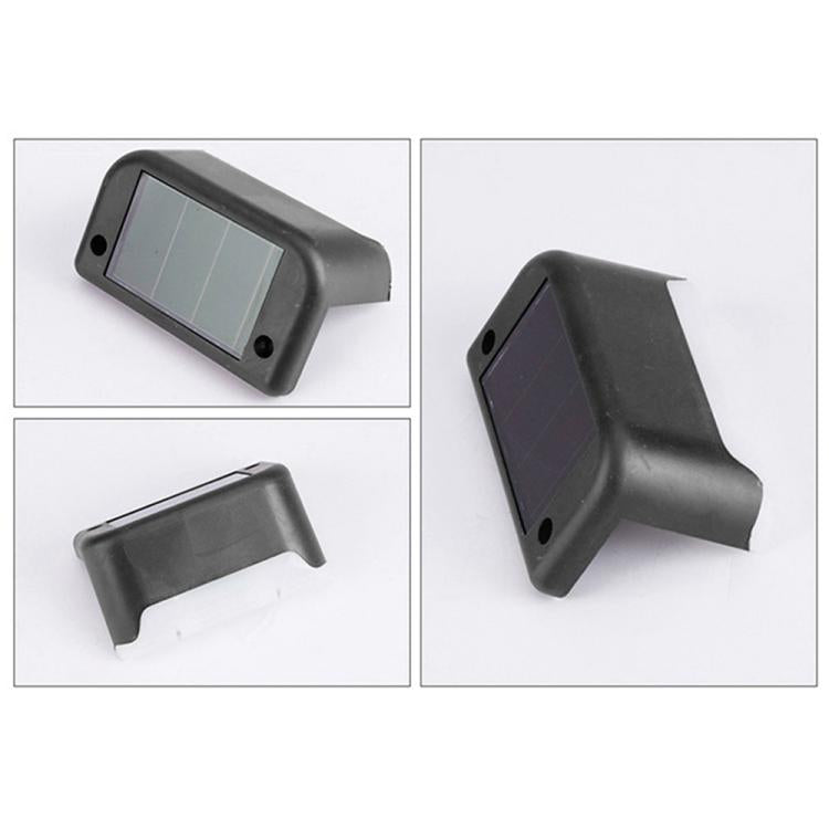 Close-up views of a black solar stair light showing solar panel screen and side mounting tabs.