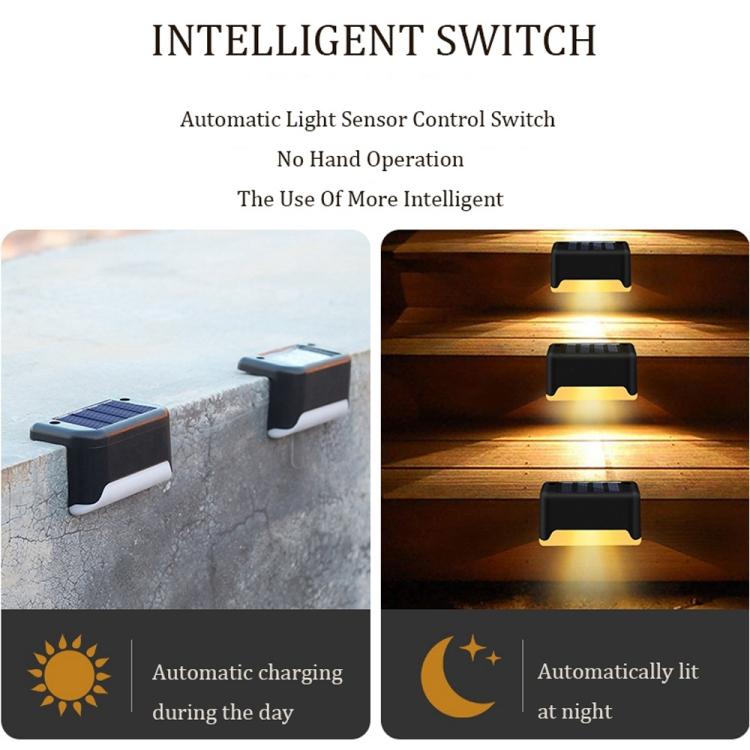 Solar stair light shown charging in daylight and glowing warm at night, black housing.