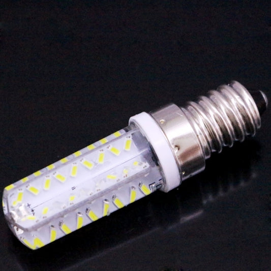 72-LED E14 LED bulb, angled view showing transparent housing and silver screw threads