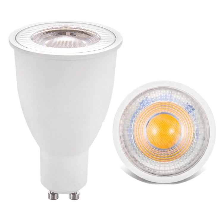 Warm white GU10 LED spotlight bulb with faceted lens, white housing and pins