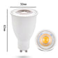 Warm white GU10 LED spotlight bulb size 50mm x 82mm, white housing and pins