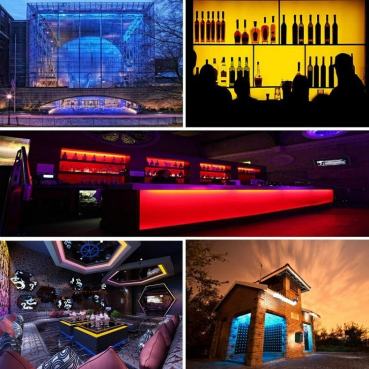 RGB LED rope light strip glowing red and blue, with visible bare circuit board