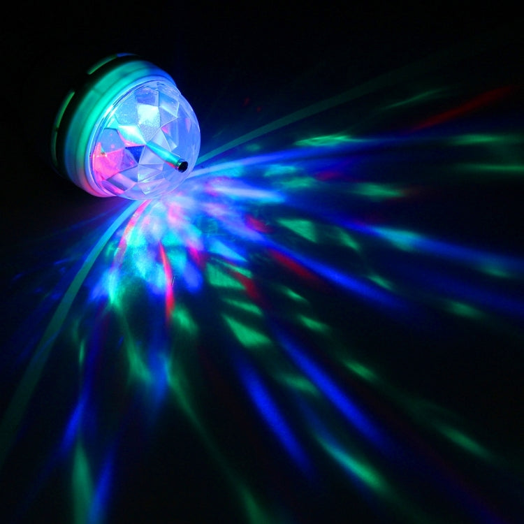 E27 LED bulb casting rotating green, blue, and purple light beams from white housing