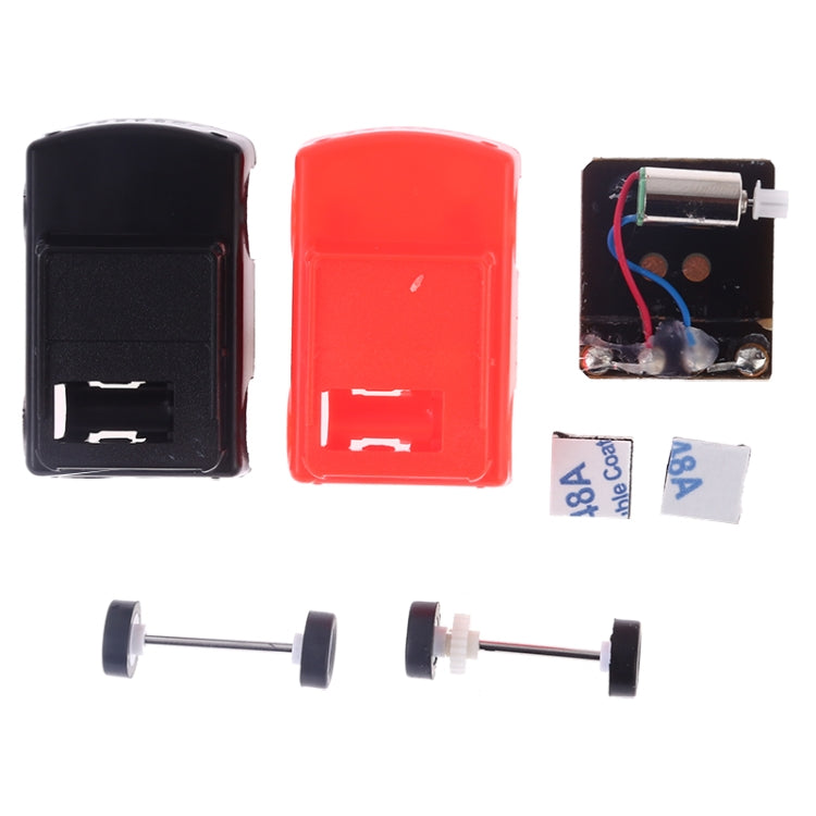 Toy jeep DIY parts set with red and black housings, solar panel, screws