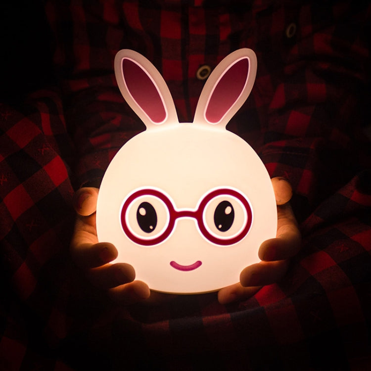 Battery LED rabbit night lamp with glasses face, soft glowing eyes and ears
