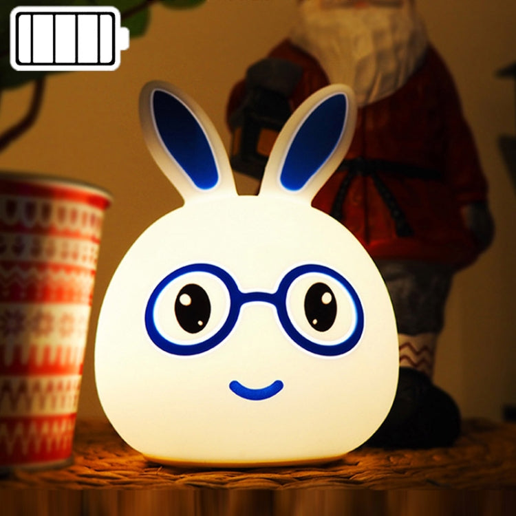 Battery LED rabbit night lamp with blue glowing eyes and smiling glasses face