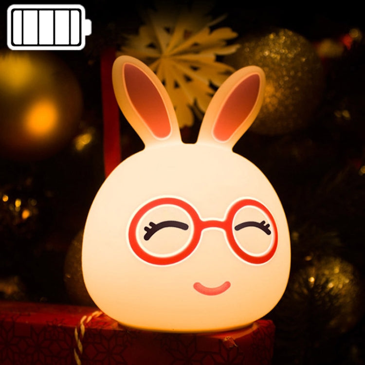 Battery LED rabbit night lamp with red-orange glowing eyes and smiling glasses face