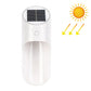 White solar LED wall light with round top solar panel and front motion sensor window