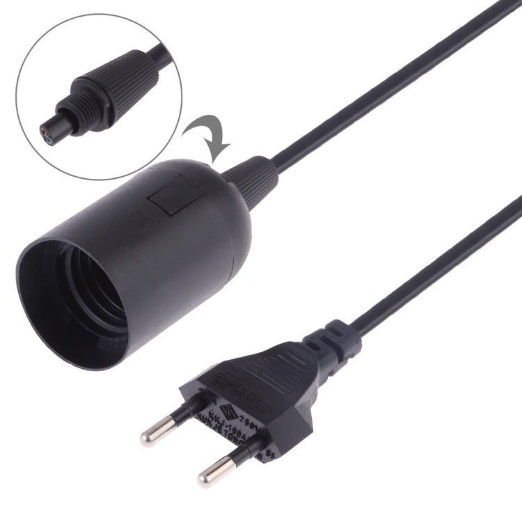 Black E27 lamp holder with extension cable, close-up of socket and plug