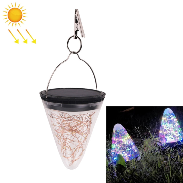 Solar conical pendant garden lamp with clear glass cone and black top, hanging loop