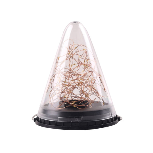 Solar conical pendant garden lamp with clear cone cover and black base, front view