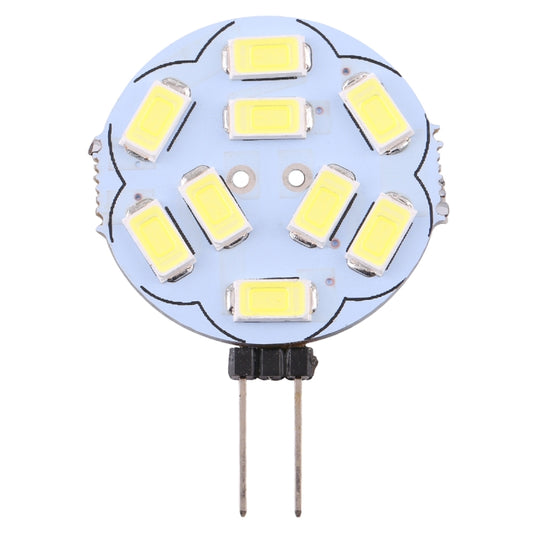 G4 LED bulb showing nine SMD 5730 LED chips with two-pin base, warm white.