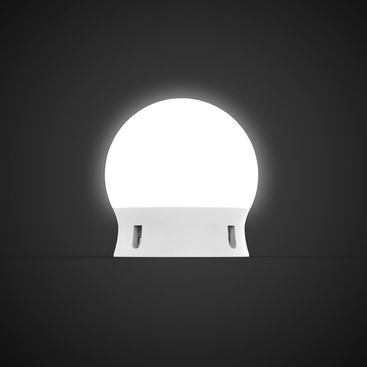 LED makeup mirror bulb, white globe with two prong base, front view