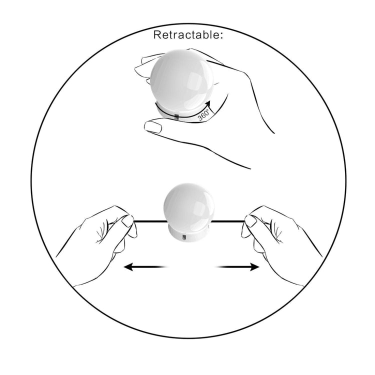 Retractable LED makeup mirror bulb, compact light module shown held by hands