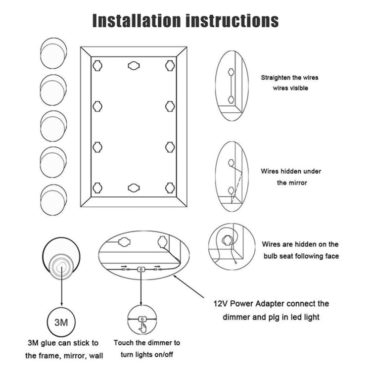 LED makeup mirror light bulb installation diagram, wires hidden and power connected