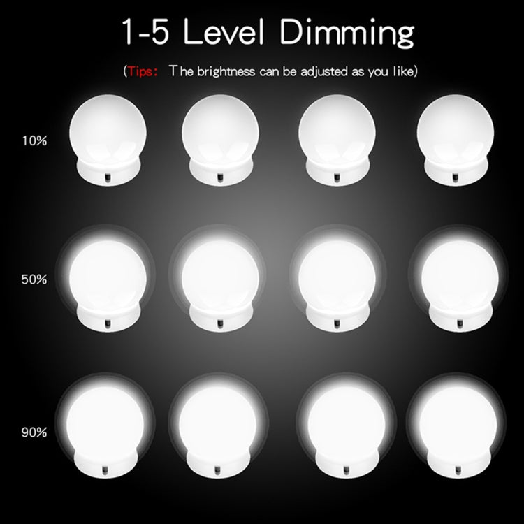 LED makeup mirror bulb lights with 1-5 dimming levels shown by brightness