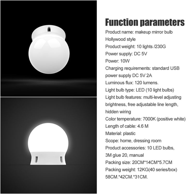 LED makeup mirror bulb, spherical white globe with diffuser, product specs panel