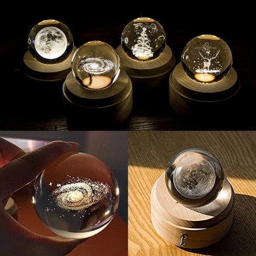 Multiple crystal ball music box night lights on wooden bases with different starry patterns.