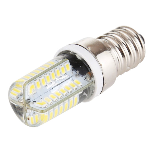 E14 LED corn bulb with clear lens and visible LED chip strip, silver screw base
