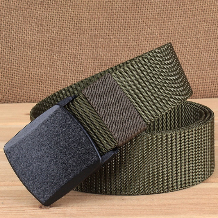 Olive green woven nylon waist belt with rectangular dark gray buckle
