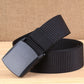 Black woven nylon waist belt with rectangular light gray buckle