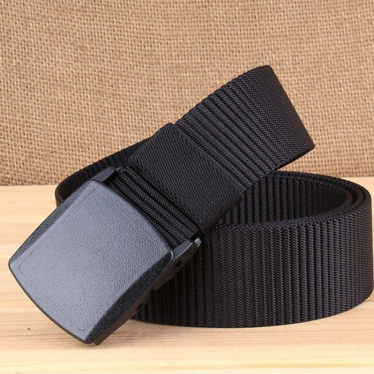 Black woven nylon waist belt with rectangular light gray buckle