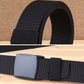 Black woven nylon waist belt with rectangular buckle and adjustment holes