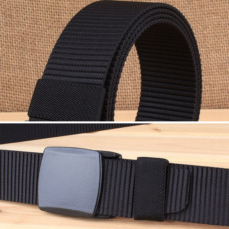 Black woven nylon waist belt with rectangular buckle and adjustment holes