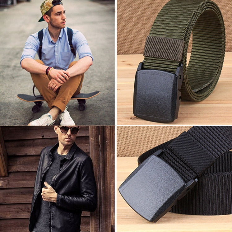 Army green woven nylon waist belt with rectangular dark gray buckle