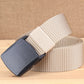 Beige woven nylon waist belt with rectangular dark gray buckle